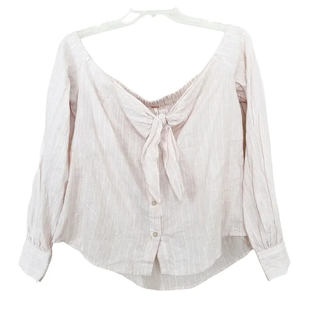 Free People Linen Blend Light Pink Striped Off the Shoulder Top Sz S